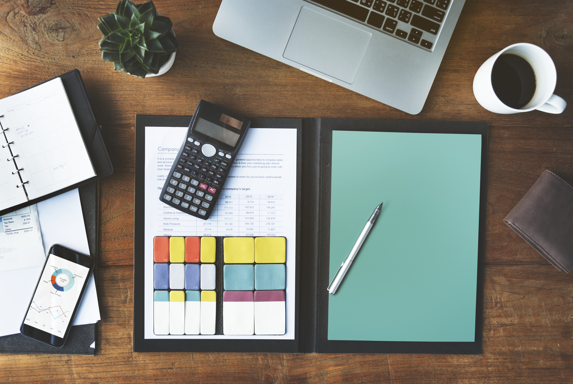 Example of pricing folder and calculator on desk